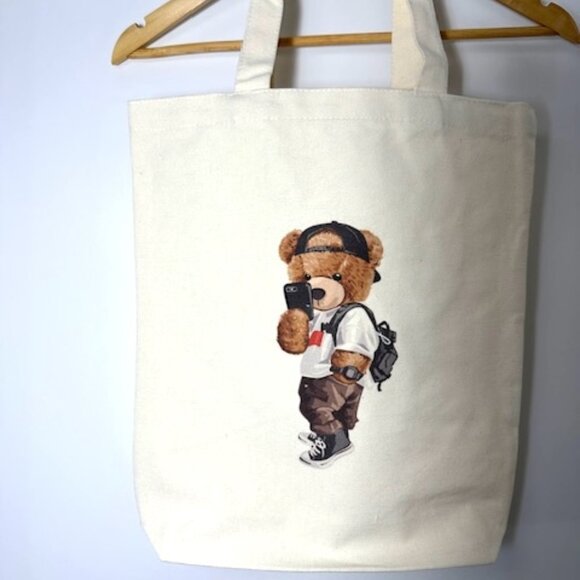 NWOT - Cute Teddy Bear in White T-shirt Canvas Tote Bag - Picture 2 of 2